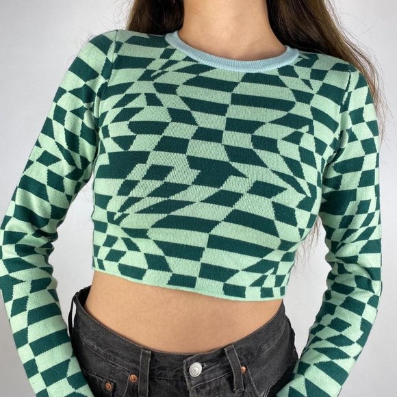 Green Color Block Warped Checkered Top - Picture 4 of 4